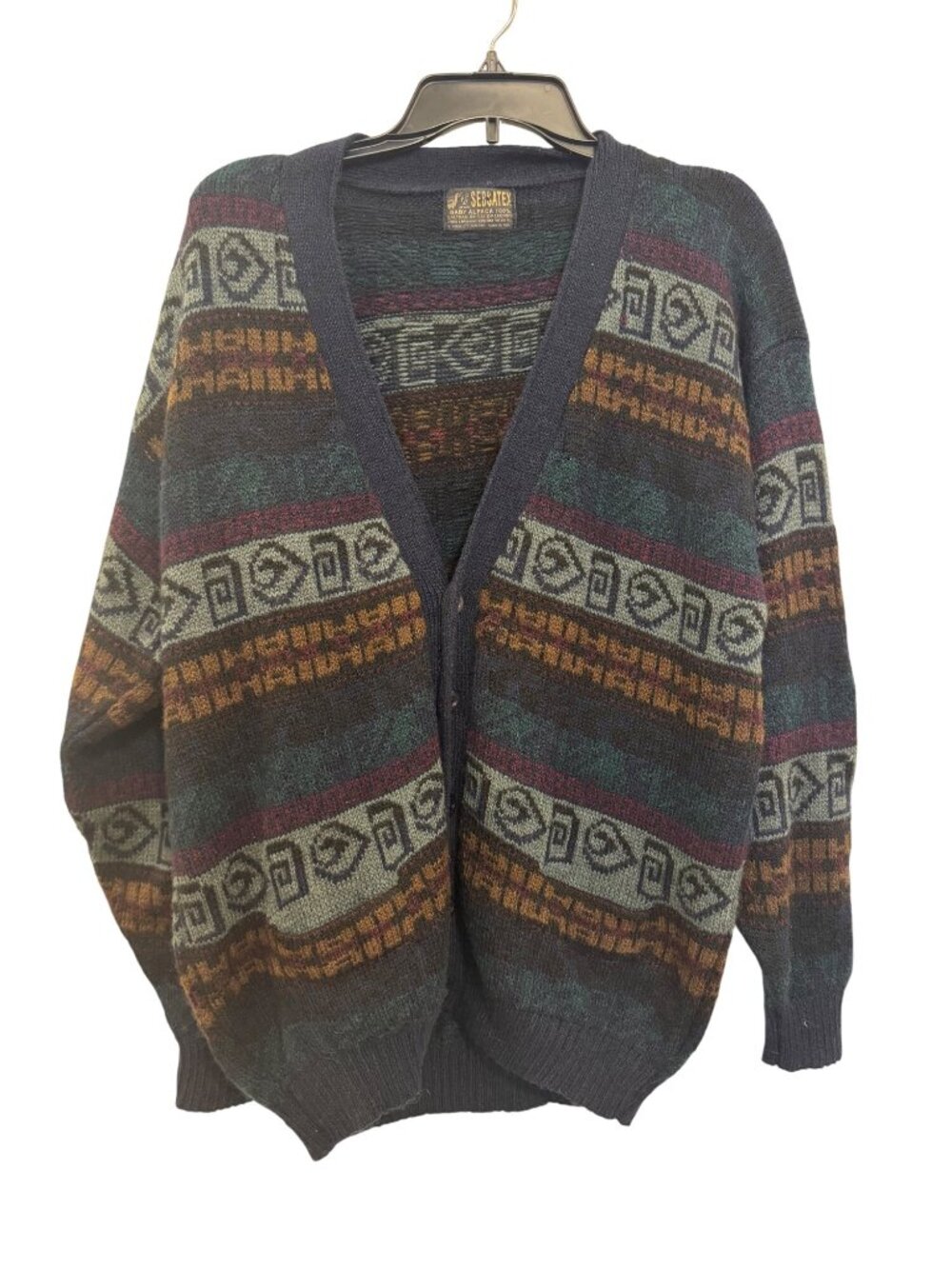 Vintage Sebsatex Baby Alpaca Cardigan Sweater Geometric Pattern Navy